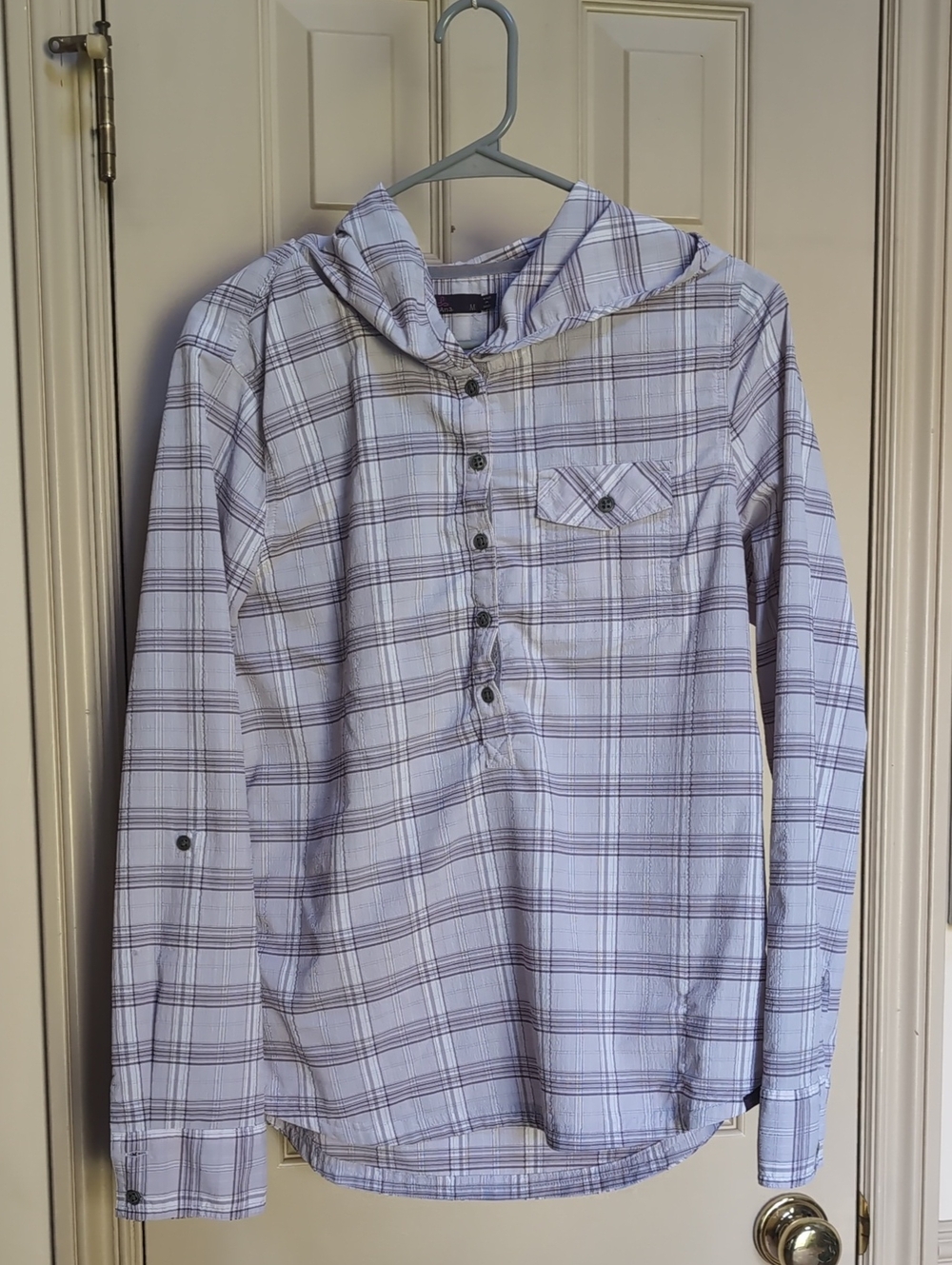 PRANA Women's Hooded Plaid Top Casual Hiking Walking Nylon Polyester Size M